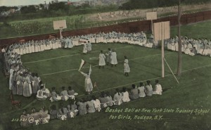 vintage postcard New York State Training School for Girls in Hudson; girls playing basketball